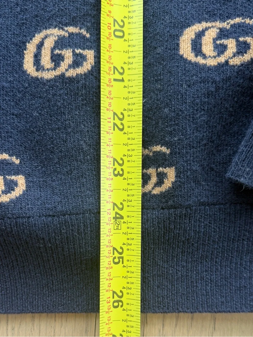 Gucci Navy and Beige 100% Wool GG Logo Cardigan